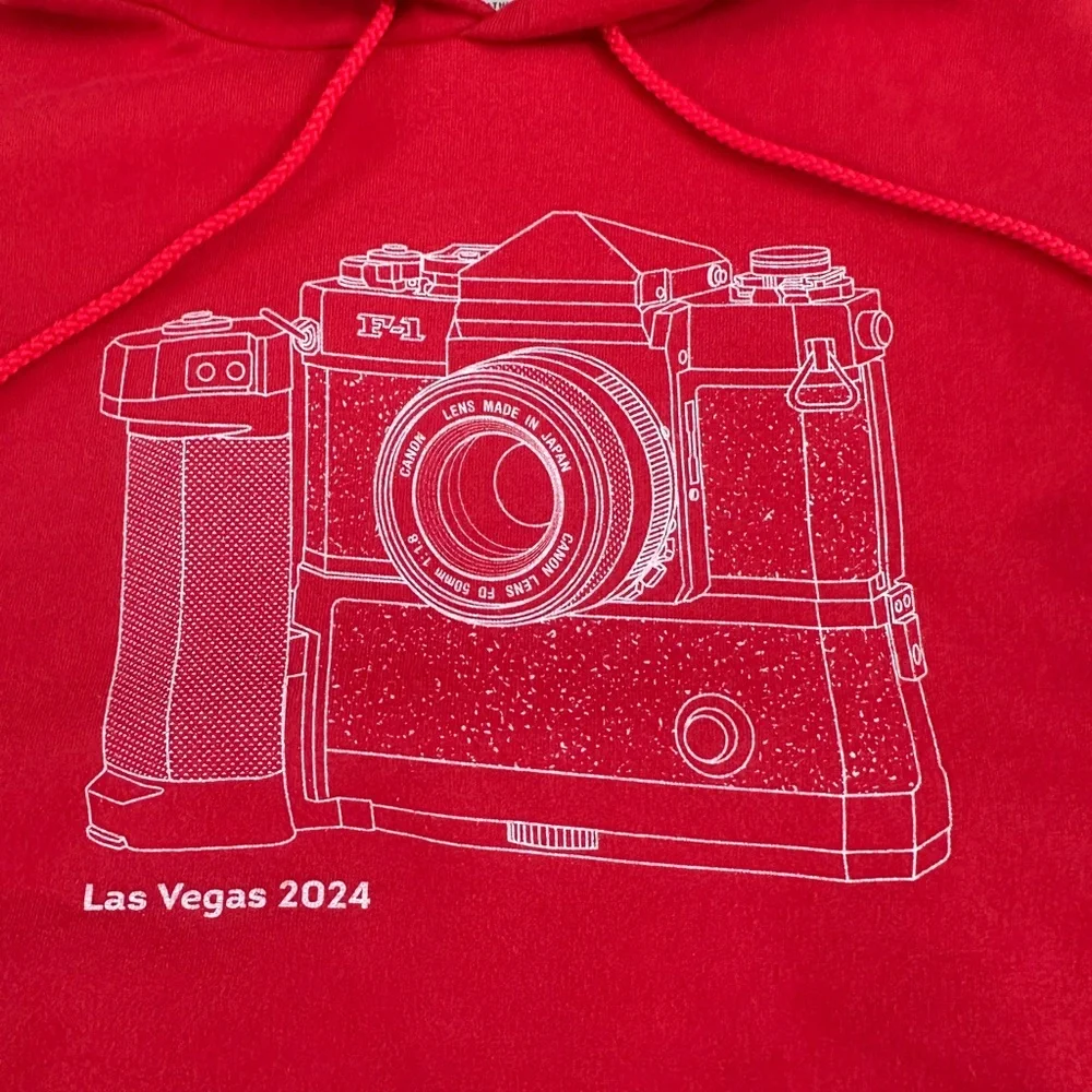 Red Champion graphic hoodie with camera design and Canon Camera print tote. - Picture 3 of 10